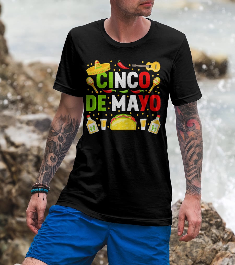 Cinco De Mayo Celebration Taco Maracas Sombrero Guitar Tequila Fiesta T-Shirt
