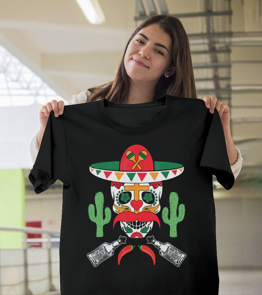 Cinco De Mayo Sugar Skull Sombrero Cactus With Tequila And Peppers T-Shirt