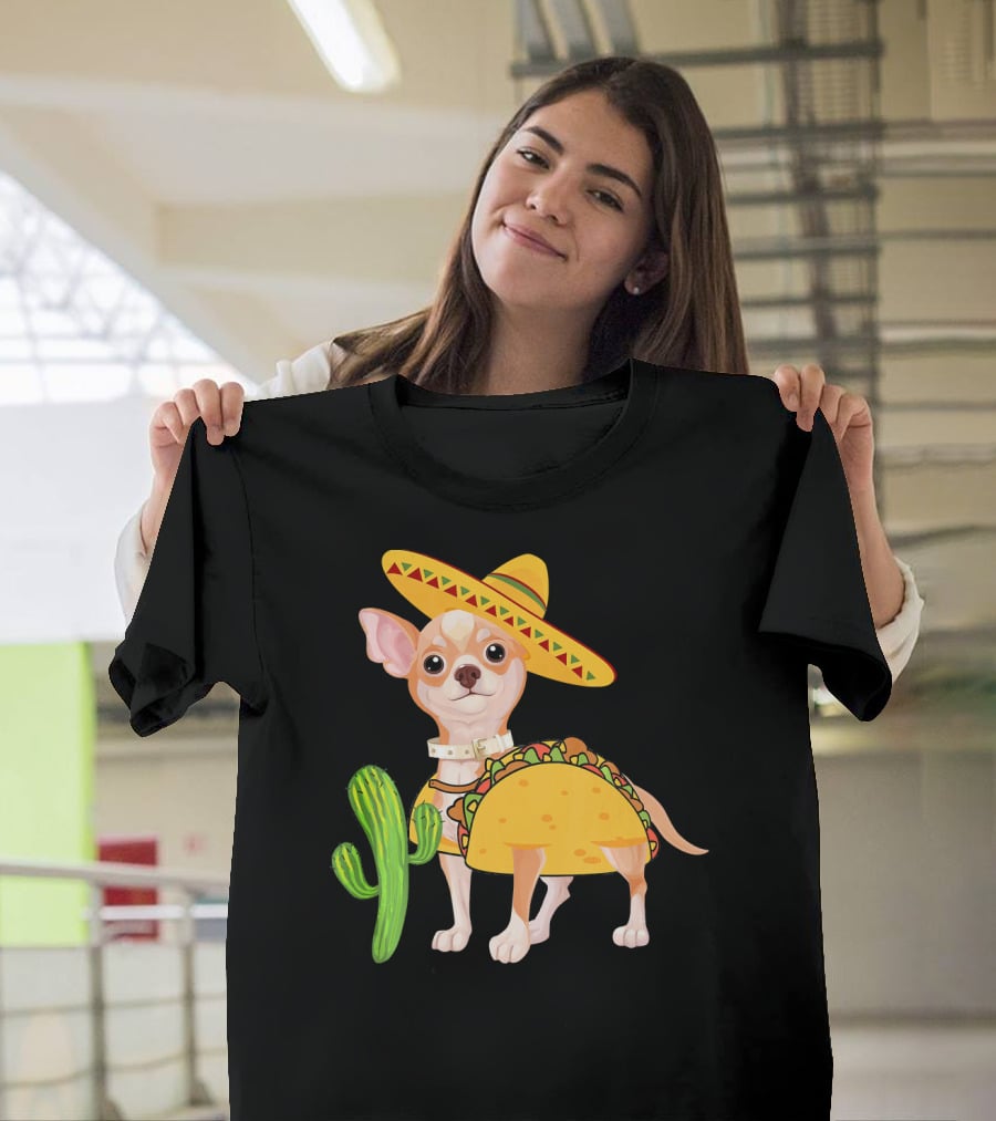 Funny Cinco De Mayo Fiesta Mexican Chihuahua Taco Sombrero Cactus T-Shirt