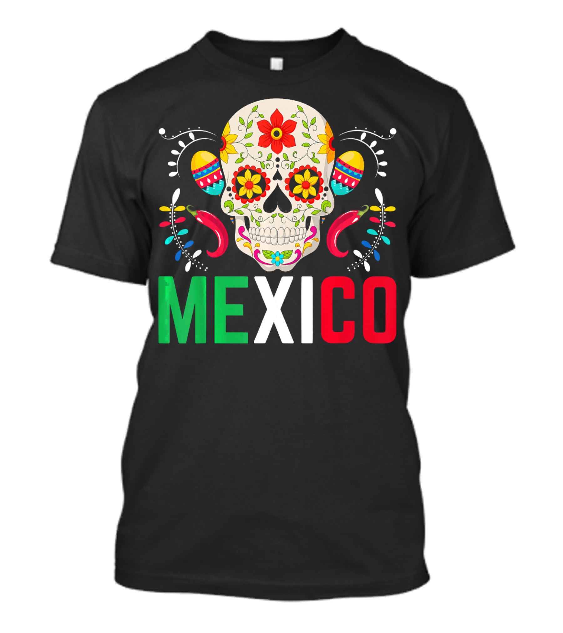 Colorful Cinco De Mayo Mexico Sugar Skull Design With Decorative Elements T-Shirt