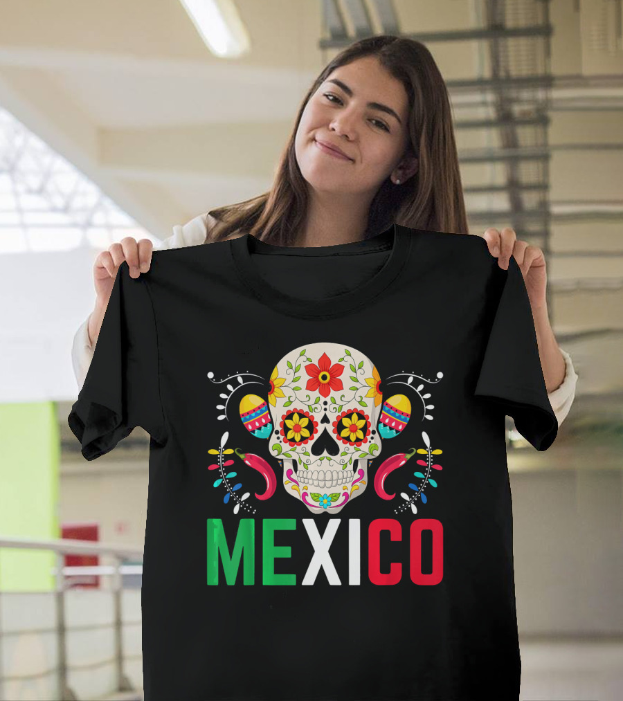Colorful Cinco De Mayo Mexico Sugar Skull Design With Decorative Elements T-Shirt
