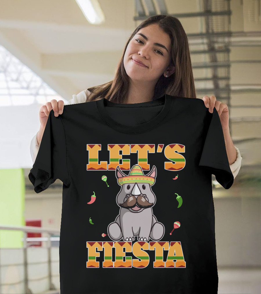 Let's Fiesta Rhinoceros Cinco De Mayo Mex Sombrero Peppers Maracas T-Shirt