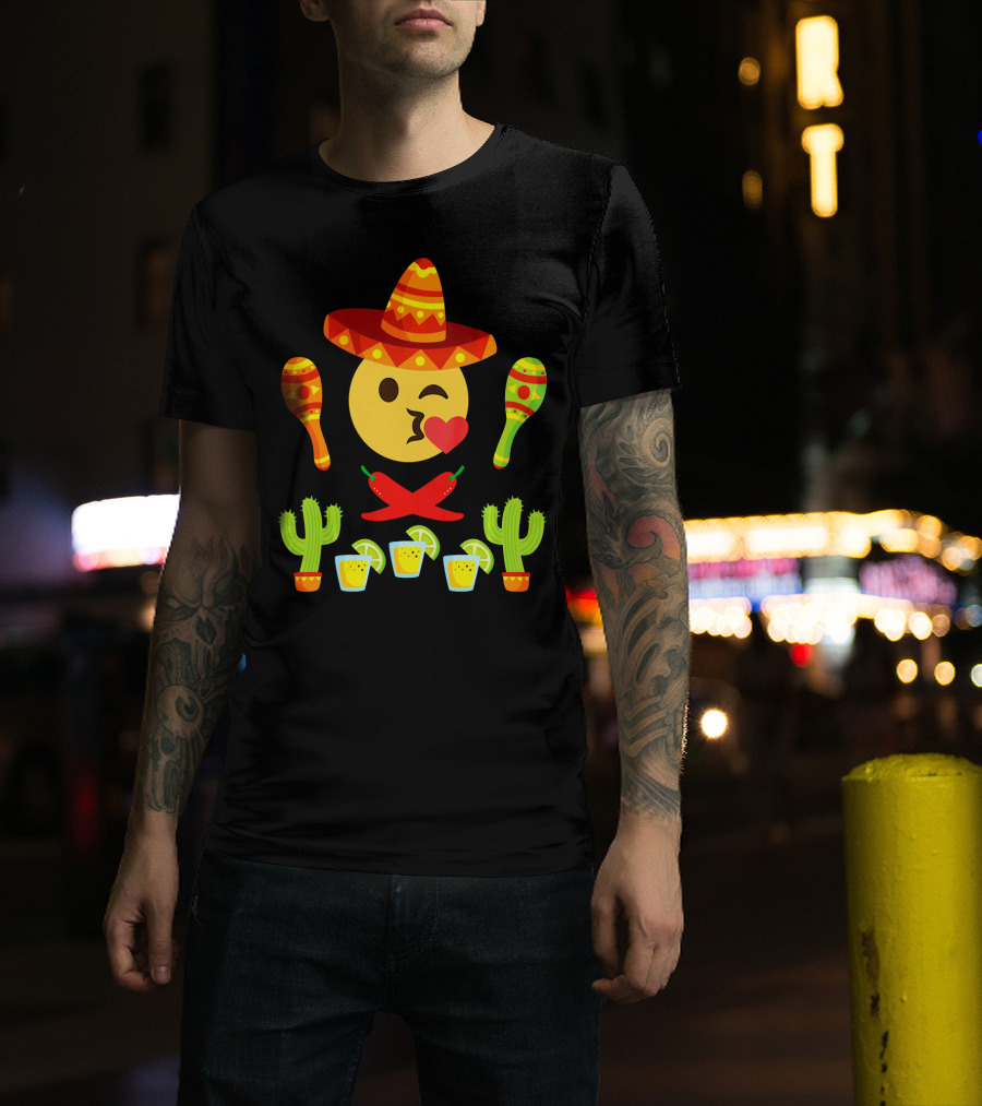 Kiss Emoji Cinco De Mayo Sombrero Maracas Cactus Peppers Margaritas T-Shirt