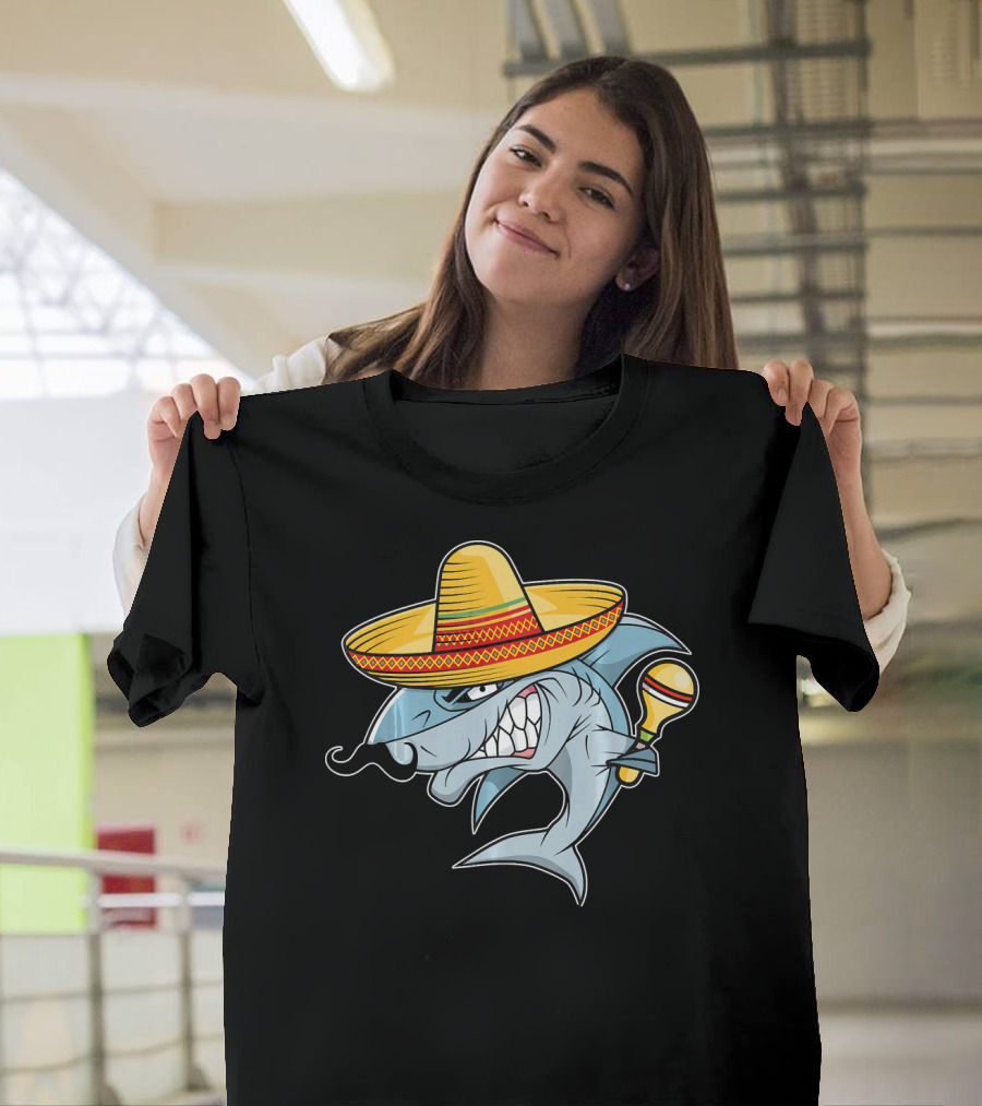 Cinco De Mayo Shark Wearing Sombrero with Maraca Mexican Fiesta T-Shirt