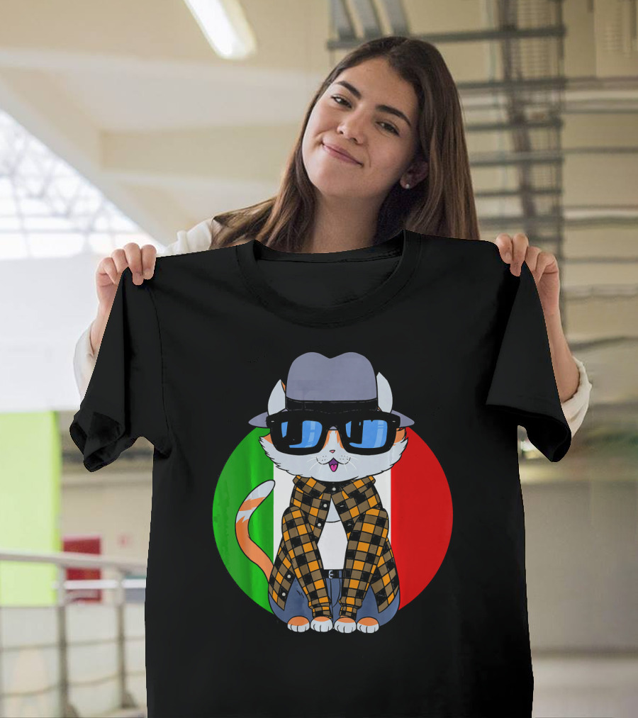 Cinco De Mayo Mexican Kitty Cat With Sunglasses And Plaid Shirt In Front Of Tricolor Circle T-Shirt