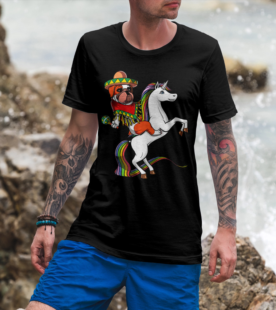 English Bulldog Riding Unicorn Cinco De Mayo Fiesta Hat And Maracas T-Shirt