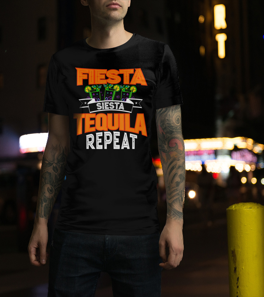 Fiesta Siesta Tequila Repeat Drinker Cin Colorful Margarita Glasses Lime Party T-Shirt