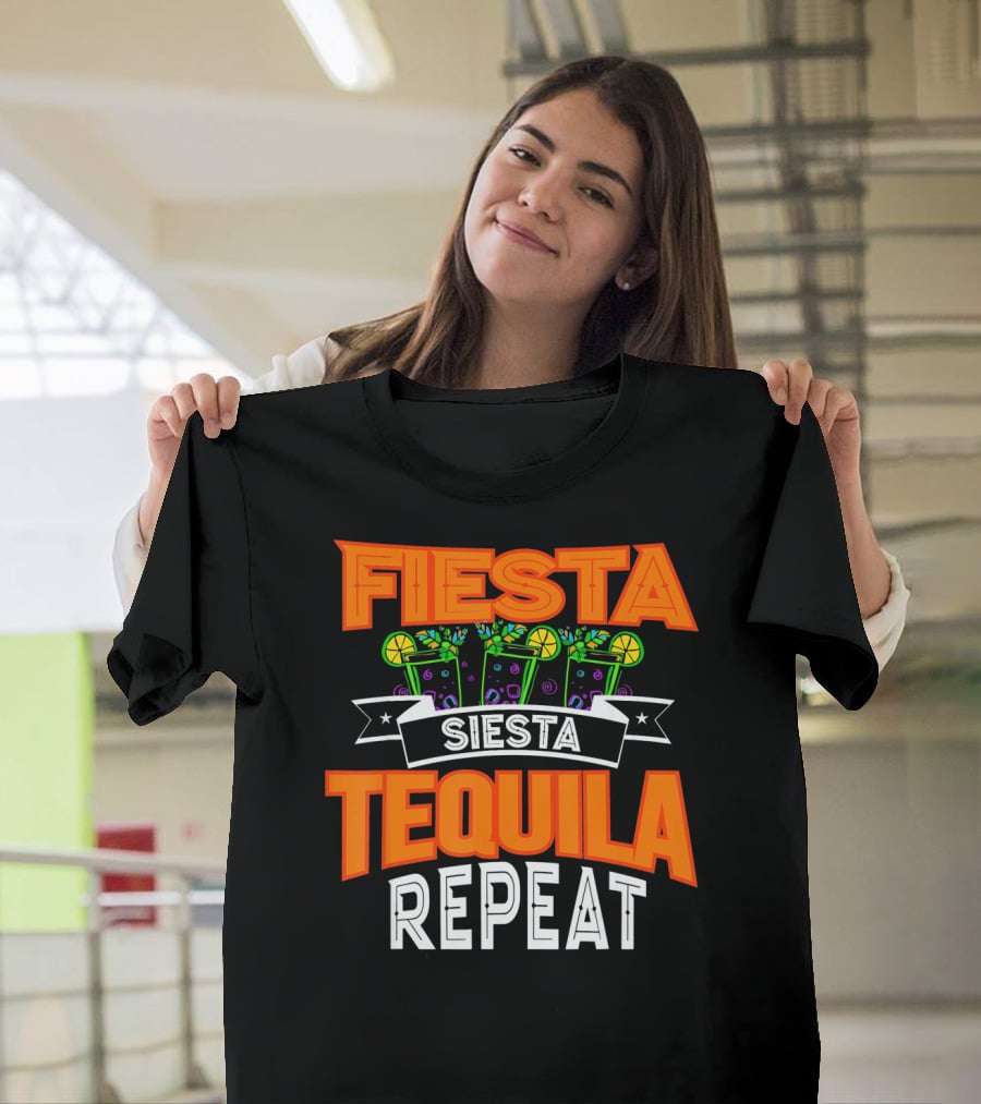 Fiesta Siesta Tequila Repeat Drinker Cin Colorful Margarita Glasses Lime Party T-Shirt