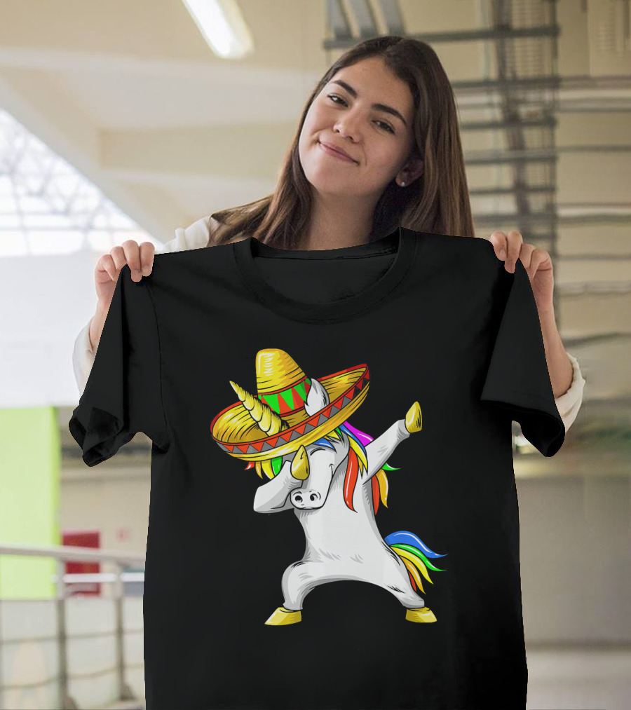 Dabbing Cinco De Mayo Unicorn With Sombrero and Rainbow Mane T-Shirt