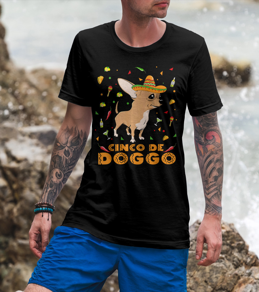 Cinco De Doggo Chihuahua Sombrero Mexican Fiesta Peppers Tequila T-Shirt