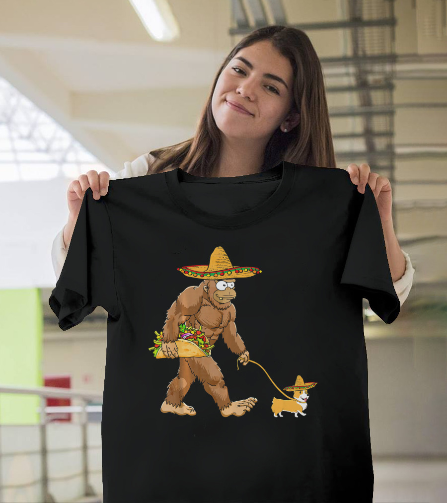 Bigfoot Sombrero Taco Corgi Dog Cinco de Mayo T-Shirt