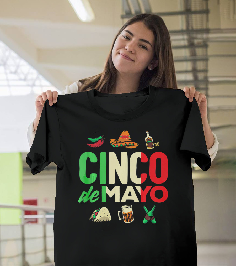 Cinco De Mayo Fiesta Sombrero Taco Beer Bottle Peppers T-Shirt