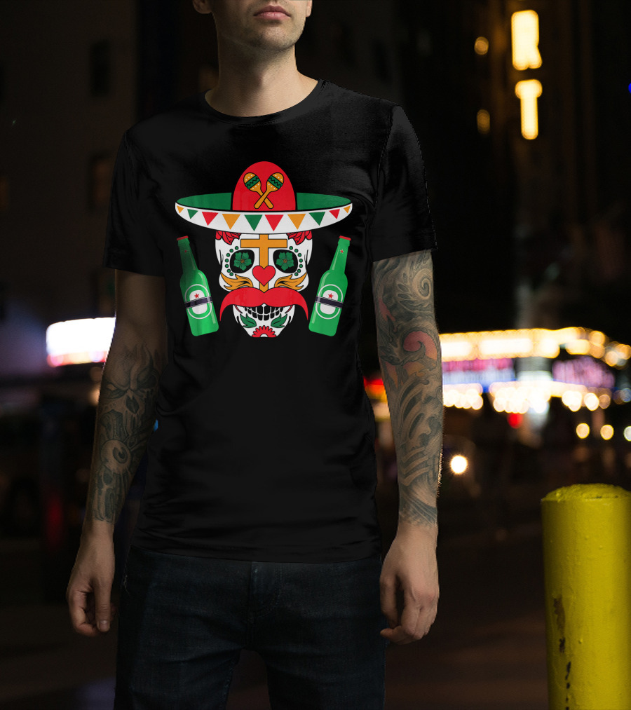 Cinco De Mayo Sugar Skull With Sombrero Maracas And Beer Bottles Mexi T-Shirt