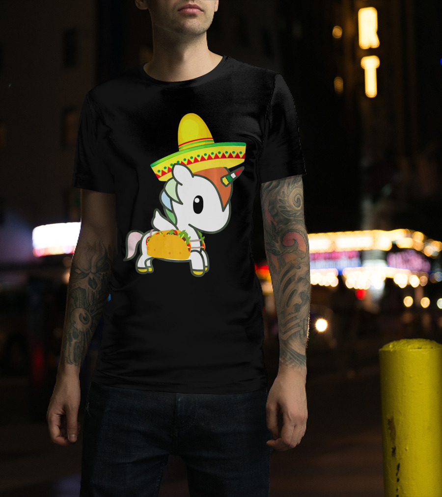 Chibi Cinco De Mayo Unicorn Wearing Sombrero Taco T-Shirt