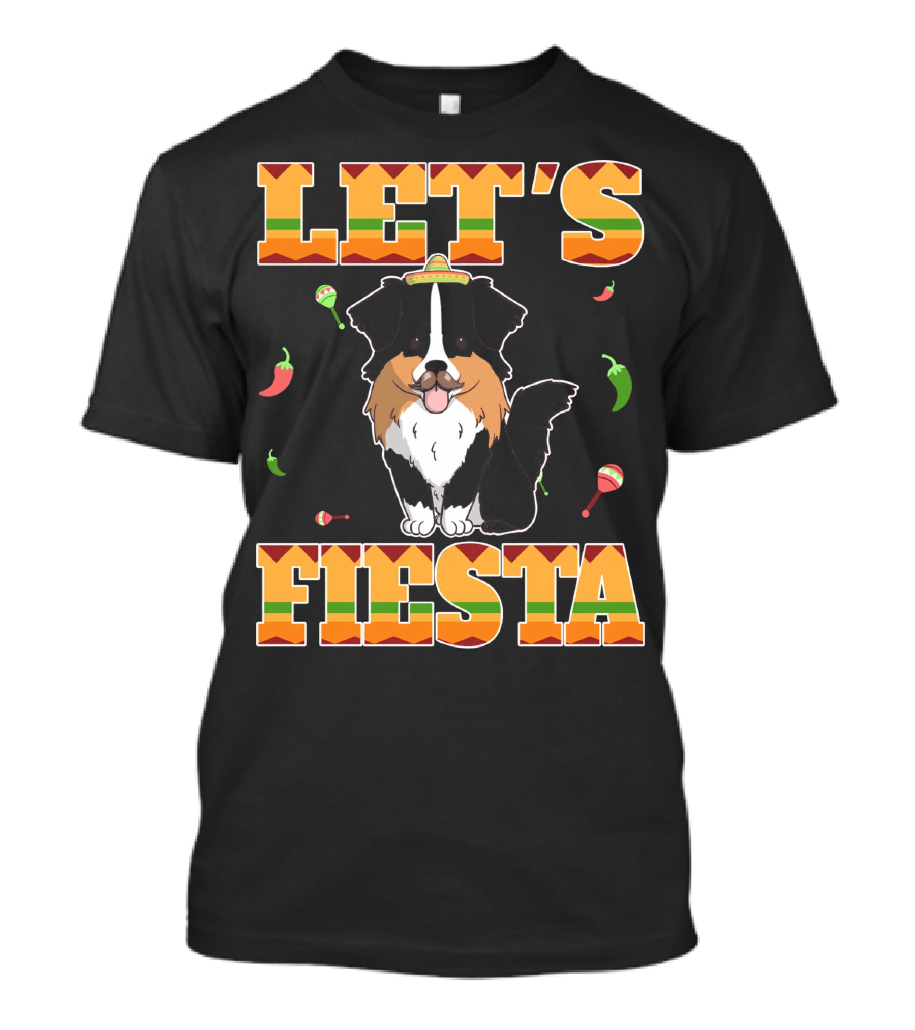 Let's Fiesta Australian Shepherd Dog Sombrero Maracas Peppers T-Shirt