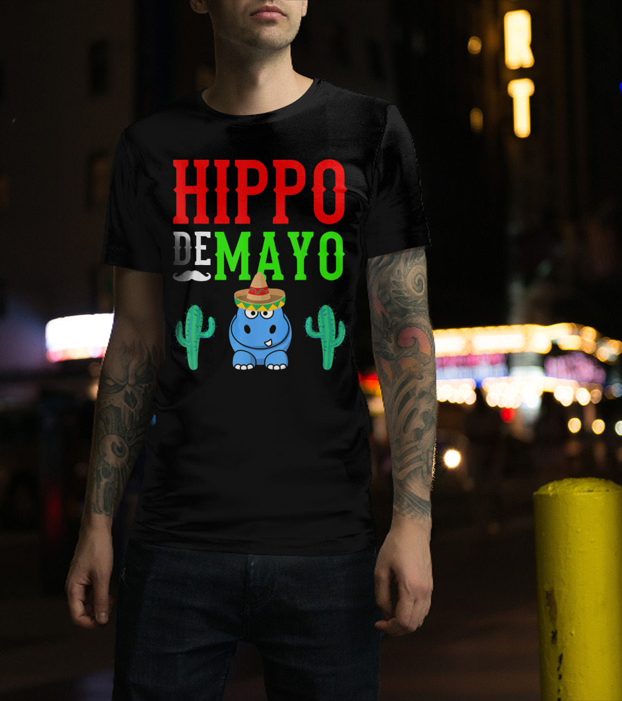 Hippo De Mayo Funny Mexico Fiesta With Sombrero Cactus T-Shirt