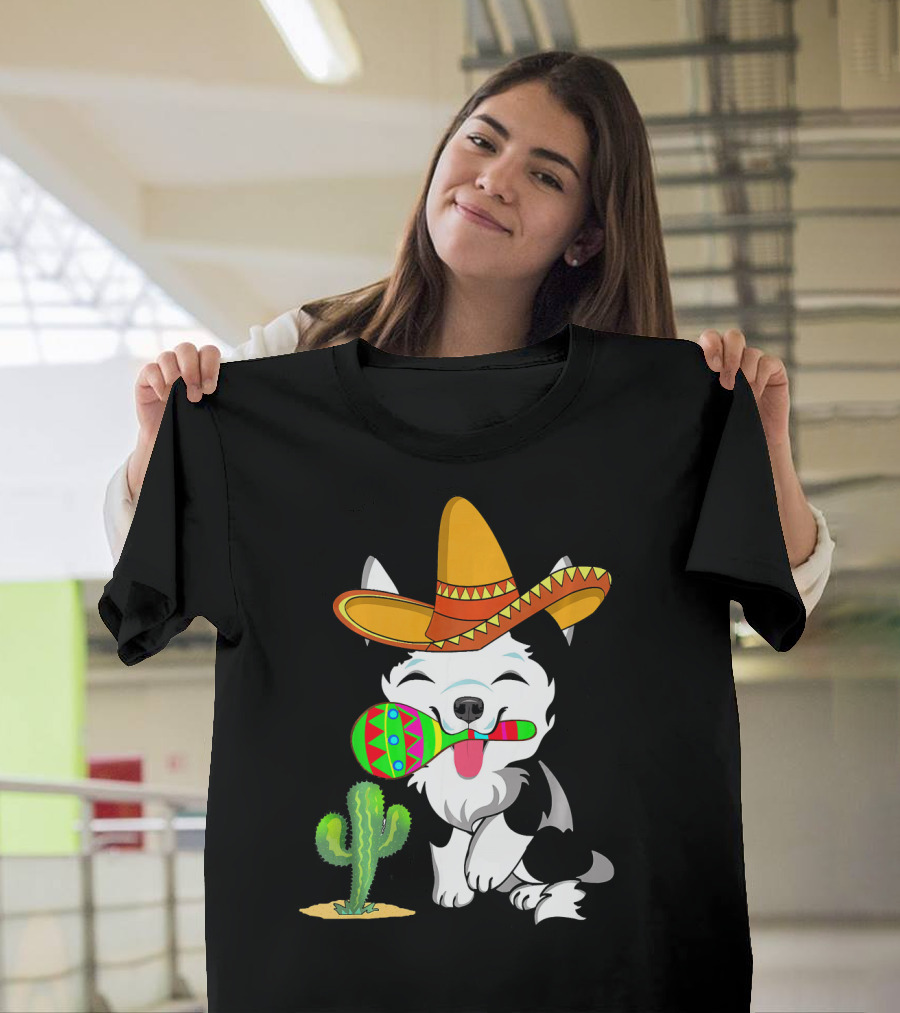 Cute Husky Dog With Sombrero And Maracas Cinco De Mayo 5th Of May T-Shirt