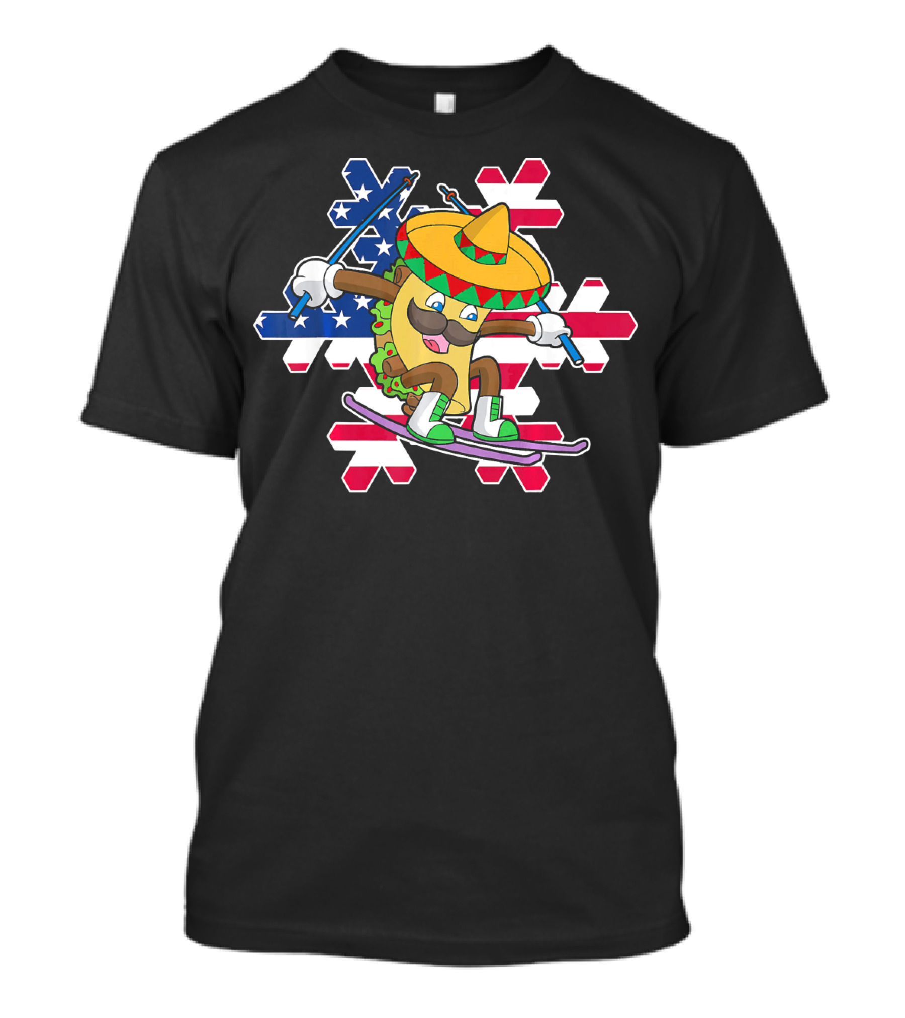 Taco Skiing Sombrero Cinco De Mayo Mexican American Flag Snowflakes T-Shirt