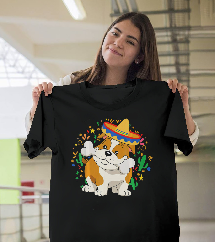 Bulldog Puppy in Sombrero with Bone and Cactus Cinco de Mayo T-Shirt