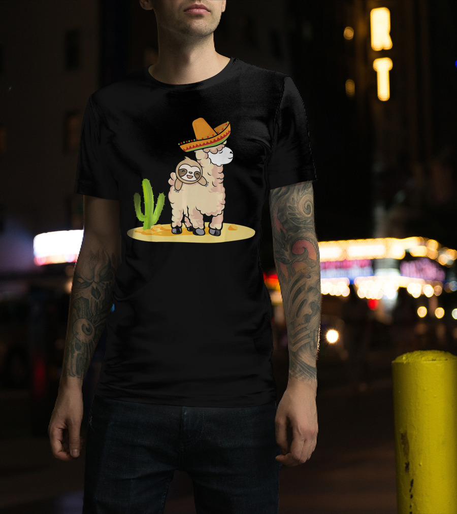 Cinco De Mayo Mexican Llama Sloth Riding Sombrero Cactus Desert Scene T-Shirt