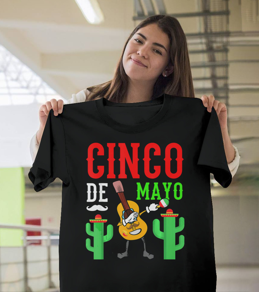 Cinco De Mayo Dabbing Guitar with Cactus and Mustache T-Shirt