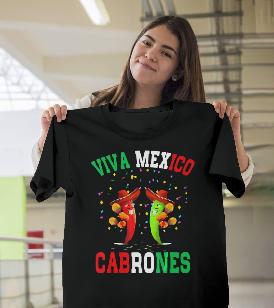 Viva Mexico Cabrones Red Green Chili Peppers Sombreros Confetti T-Shirt