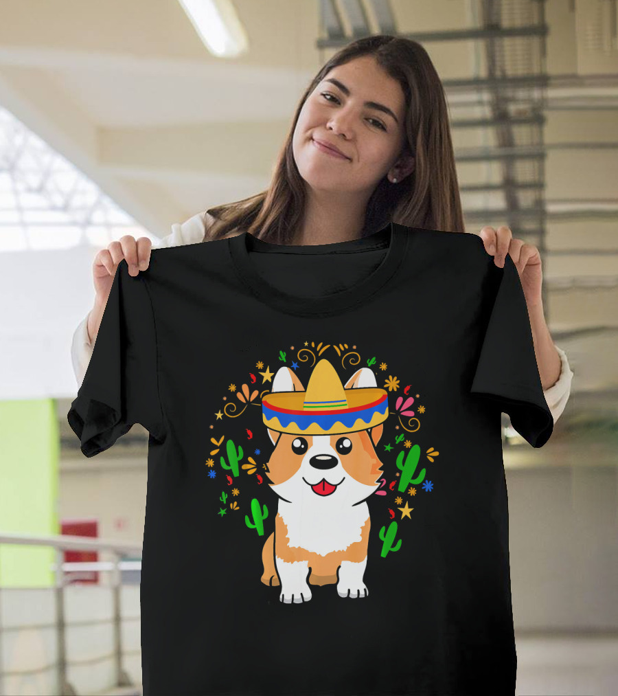 Cinco De Mayo Corgi Dog With Sombrero And Cacti T-Shirt