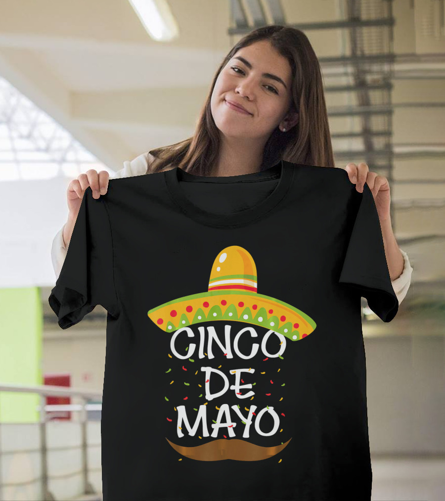 Cinco De Mayo Sombrero Celebration with Mustache and Confetti T-Shirt
