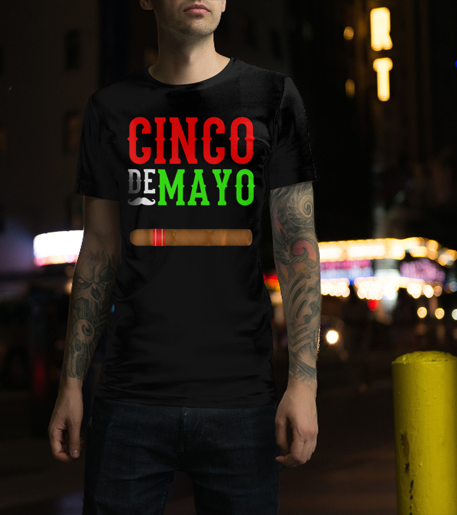 Cinco De Mayo Cigar With Mustache Graphic Funny Mexico T-Shirt
