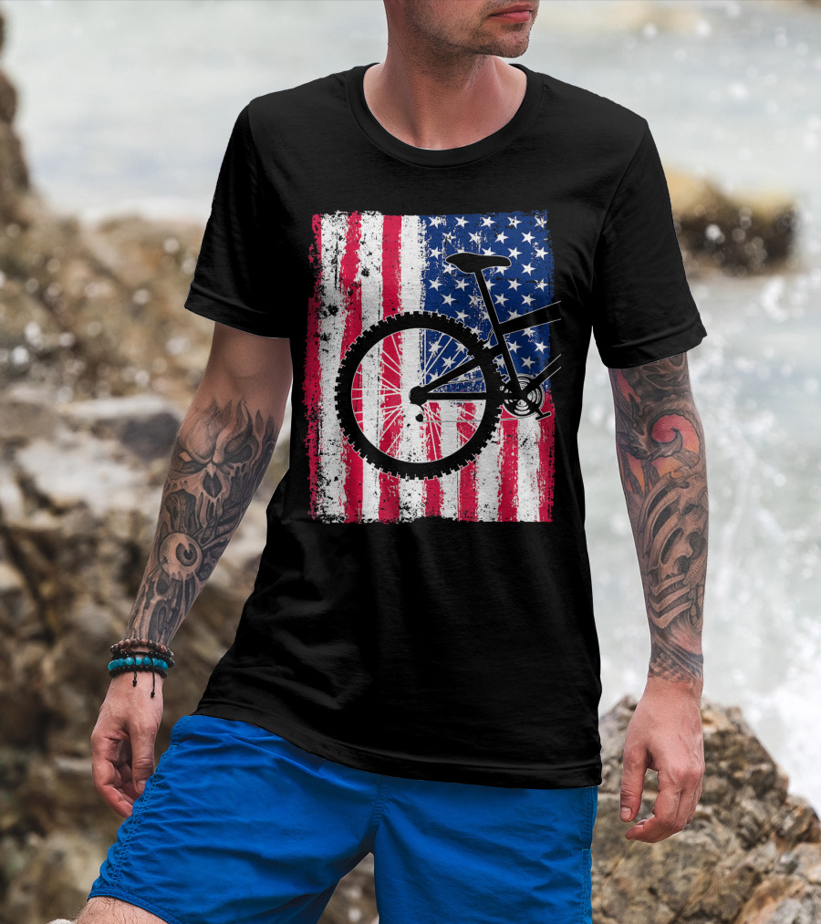 Mountain Bike Cycling American Flag Bicycle USA T-Shirt