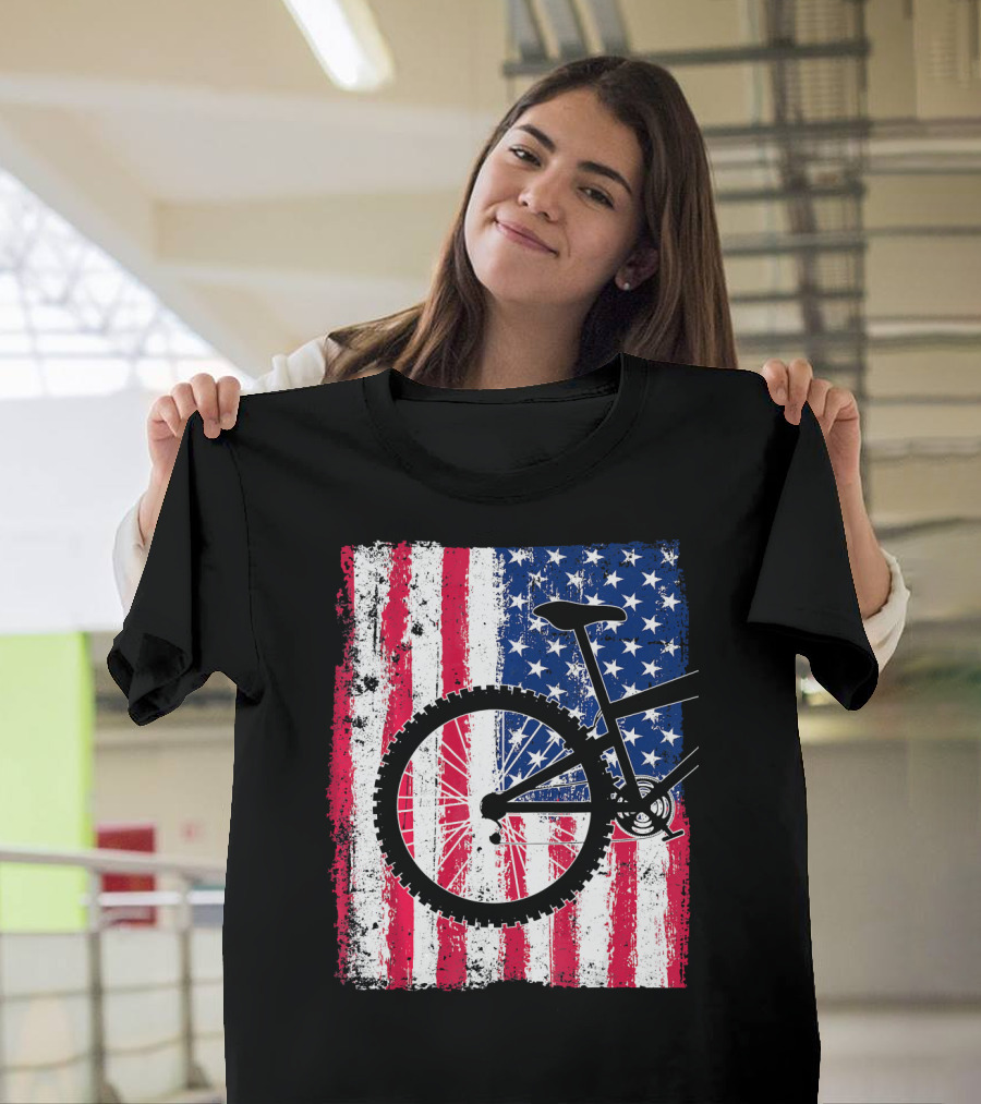 Mountain Bike Cycling American Flag Bicycle USA T-Shirt