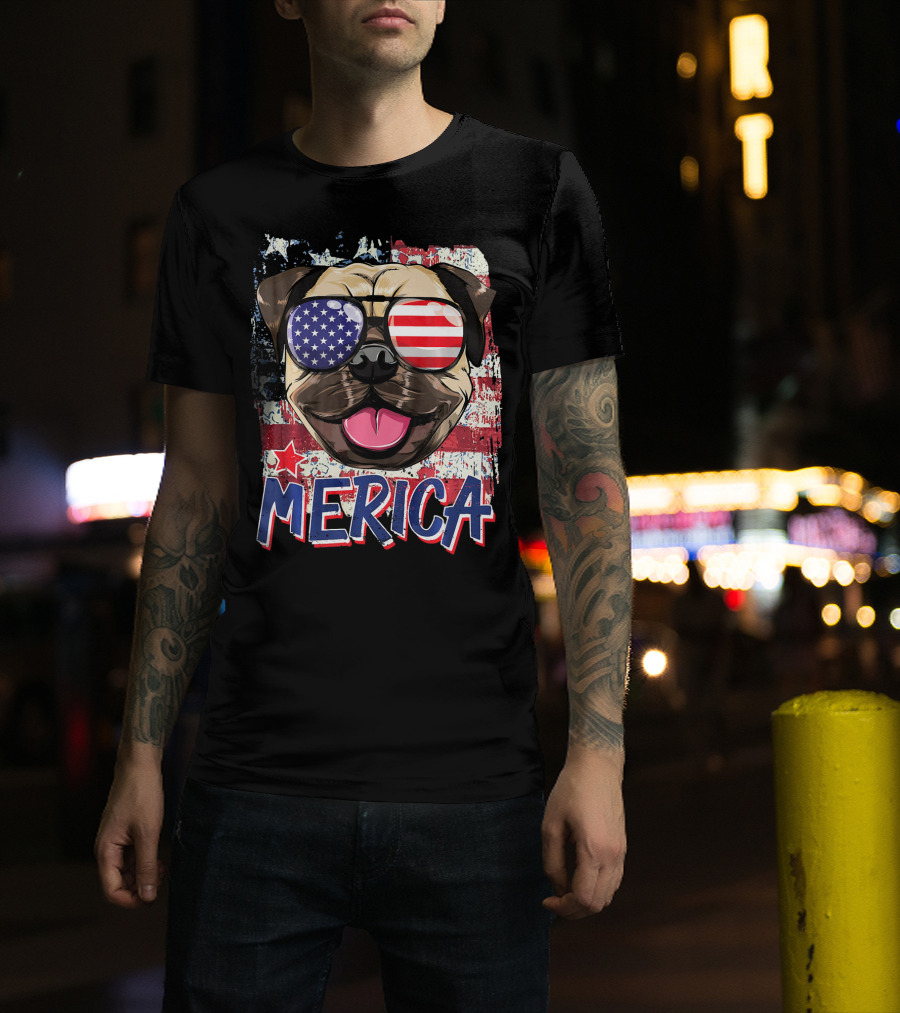 American Flag Pug Dog Merica Sunglasses USA T-Shirt