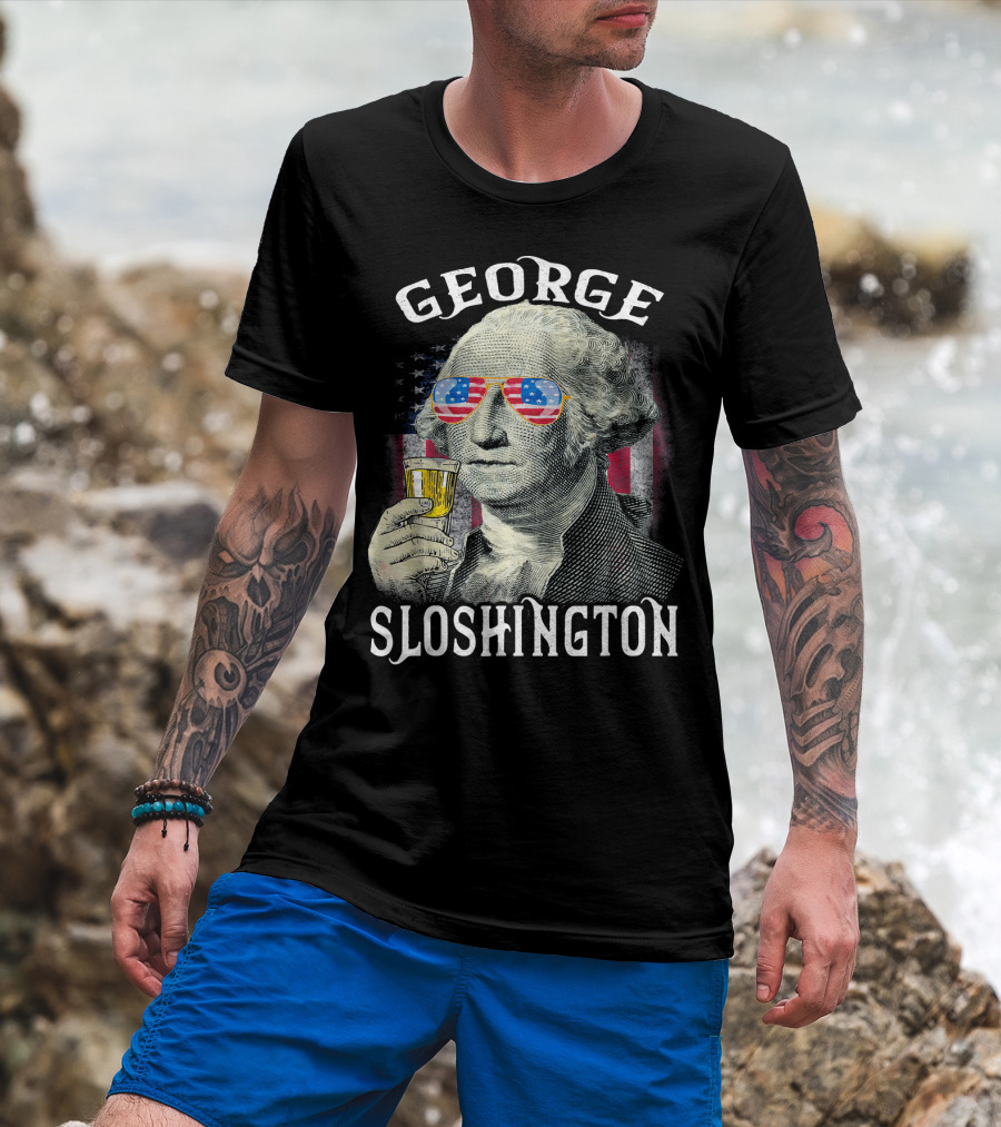 George Sloshington American Flag Sunglasses Beer T-Shirt