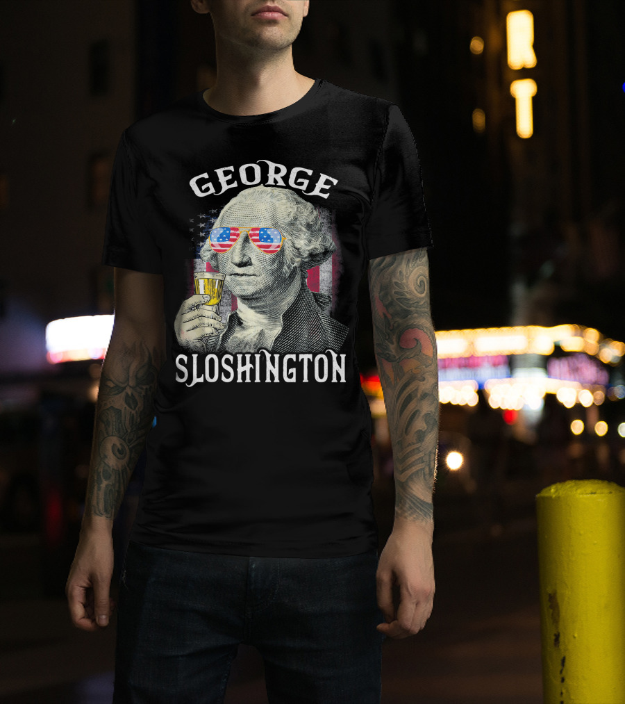 George Sloshington American Flag Sunglasses Beer T-Shirt