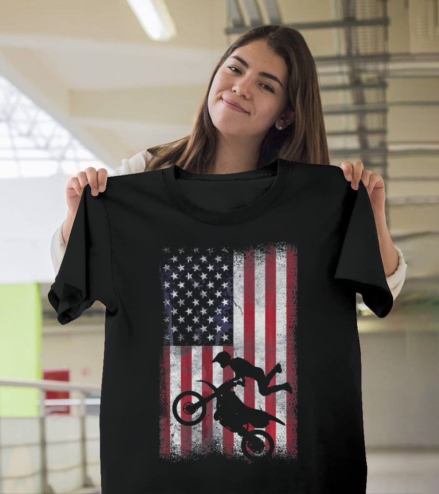 American Flag Motocross Rider Silhouette Patriotic USA T-Shirt