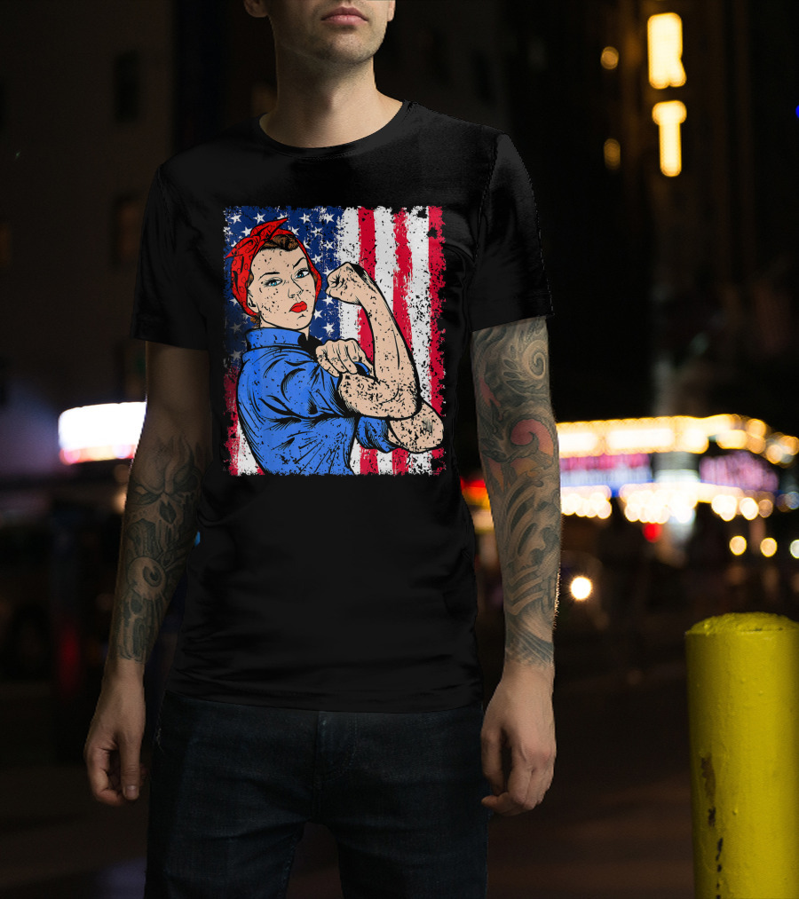 Rosie The Riveter Feminist Patriotic USA American Flag Iconic Empowerment T-Shirt