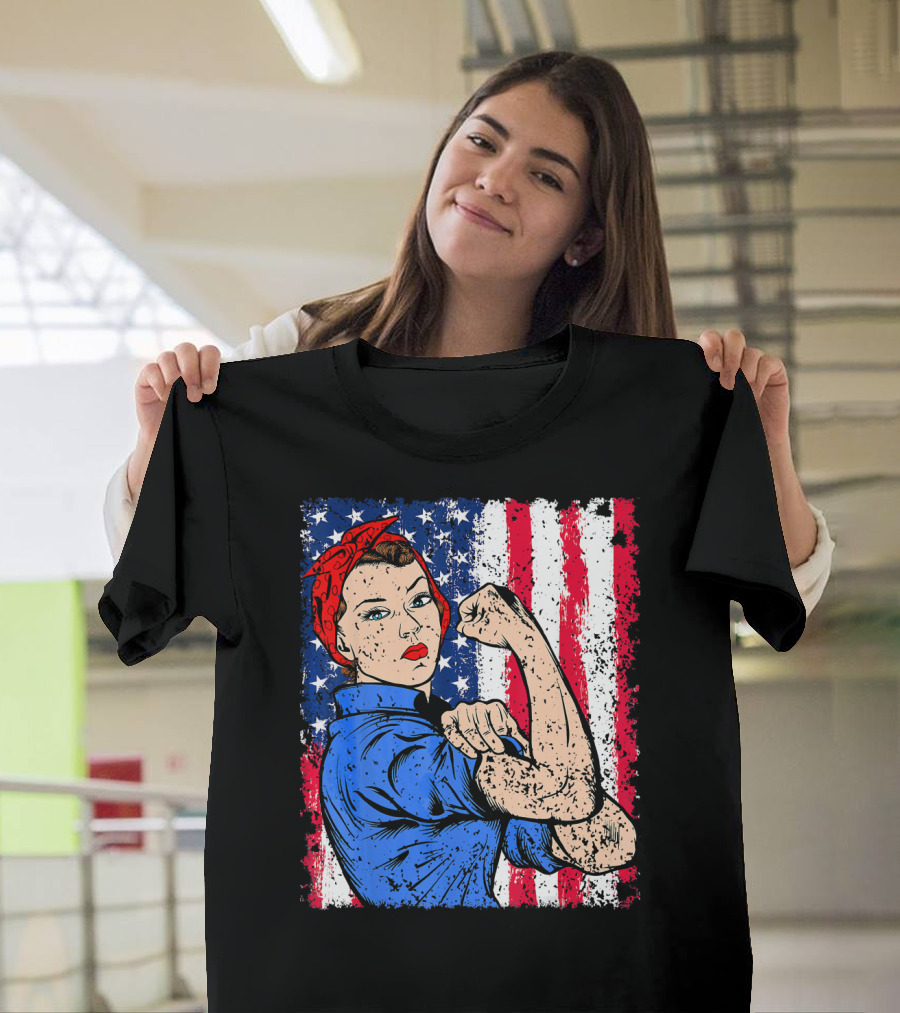 Rosie The Riveter Feminist Patriotic USA American Flag Iconic Empowerment T-Shirt