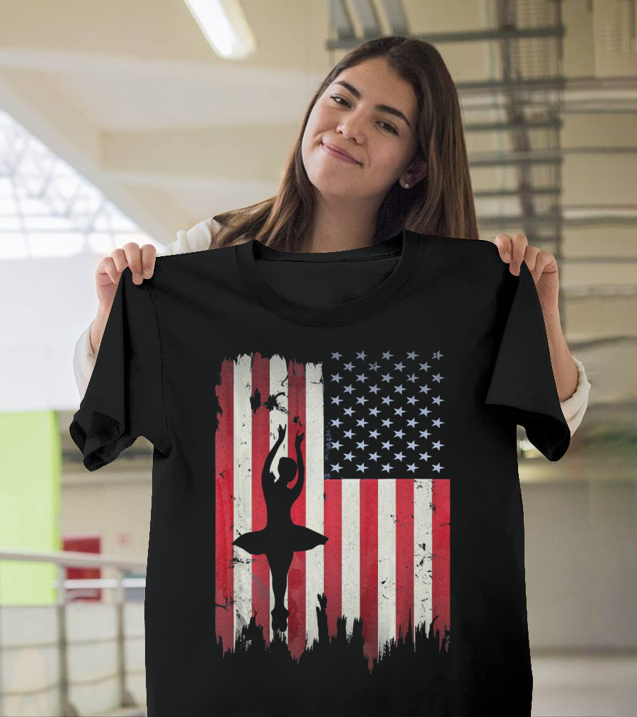 Ballerina Silhouette with American Flag Ballet USA T-Shirt