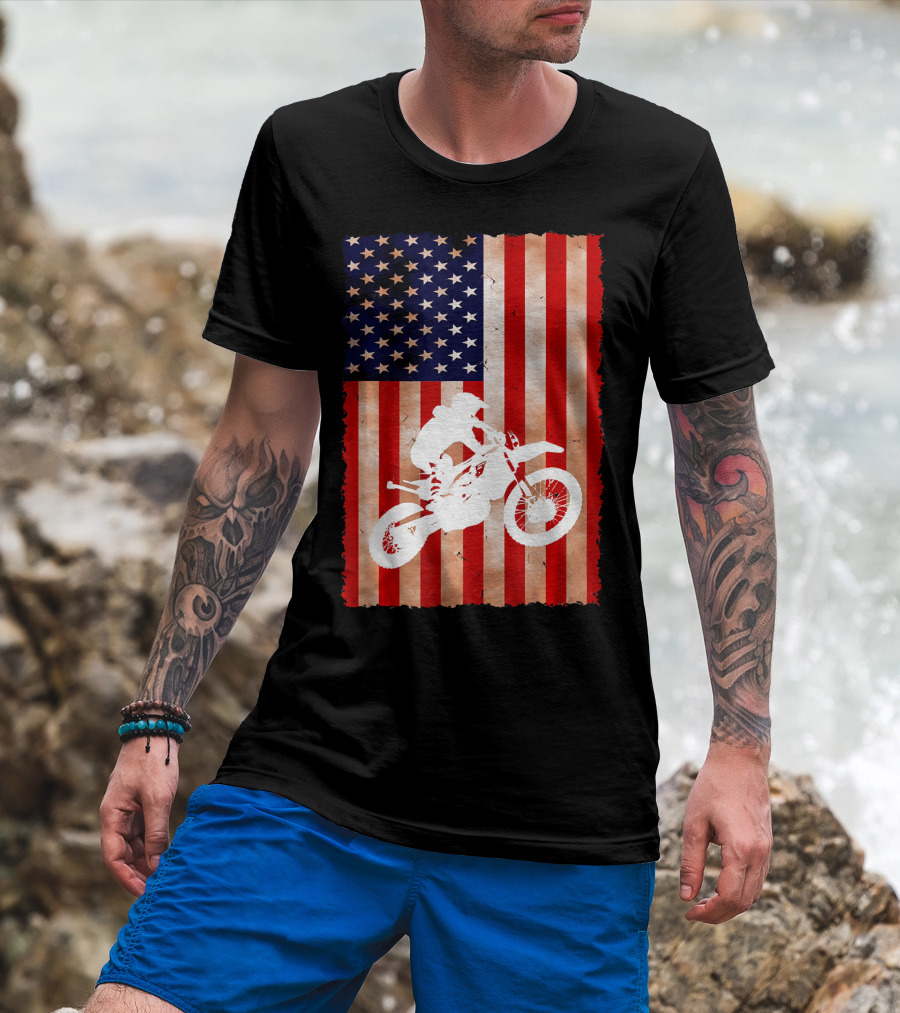Dirt Bike Motocross American Flag Patriotic Ride USA T-Shirt