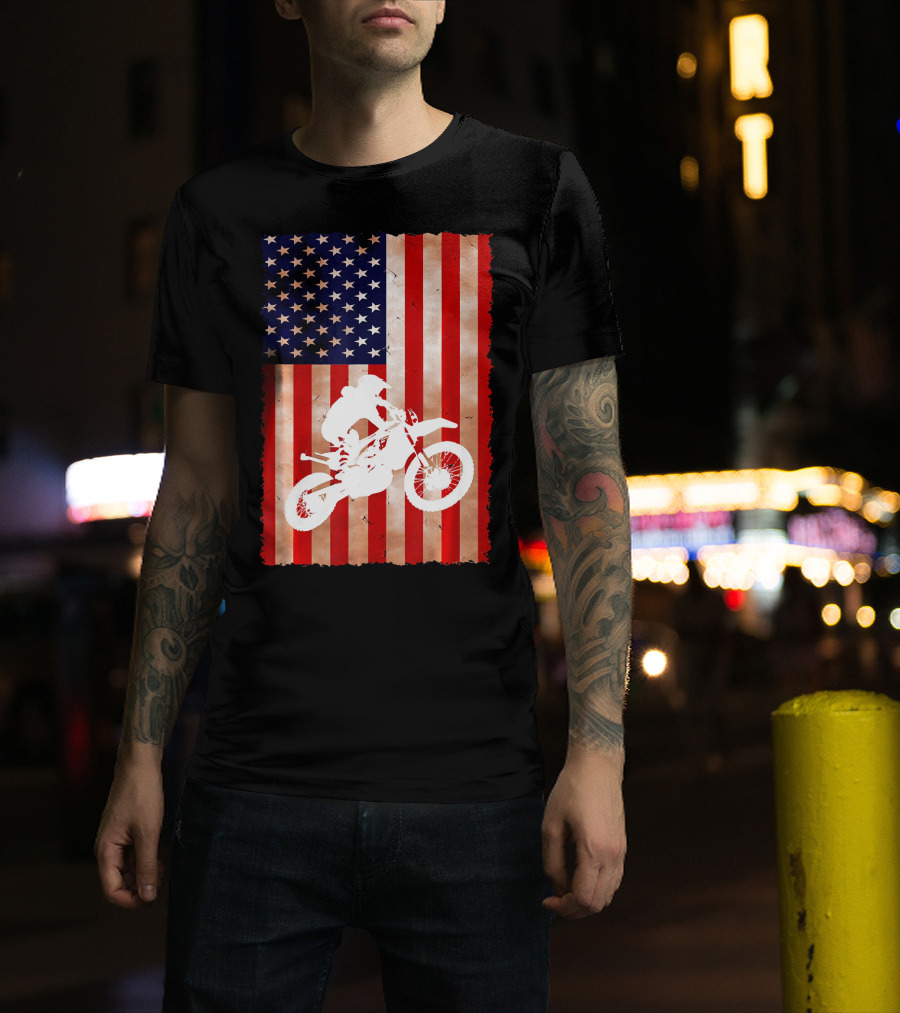 Dirt Bike Motocross American Flag Patriotic Ride USA T-Shirt