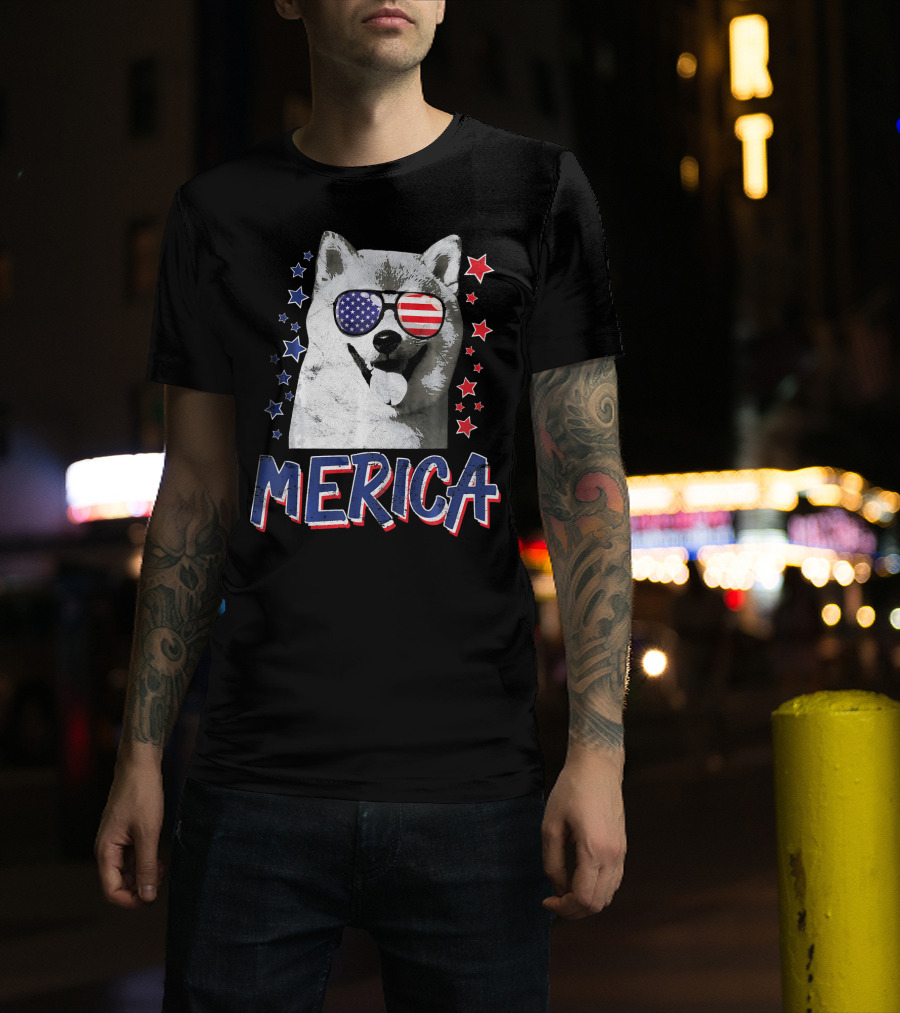 Merica Shiba Inu Dog Patriotic USA Stars And Stripes Sunglasses T-Shirt