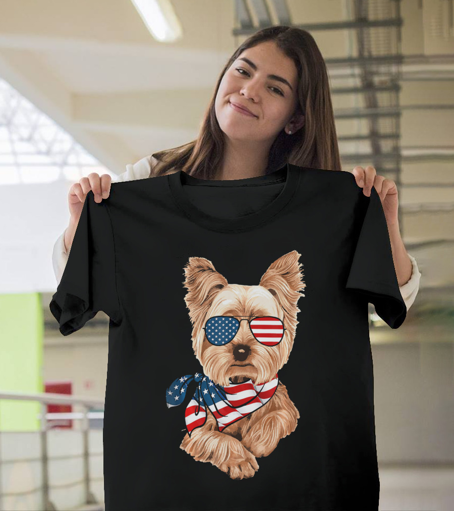 American Flag Yorkie with Patriotic Sunglasses and Bandana for 4th of July T-Shirt
