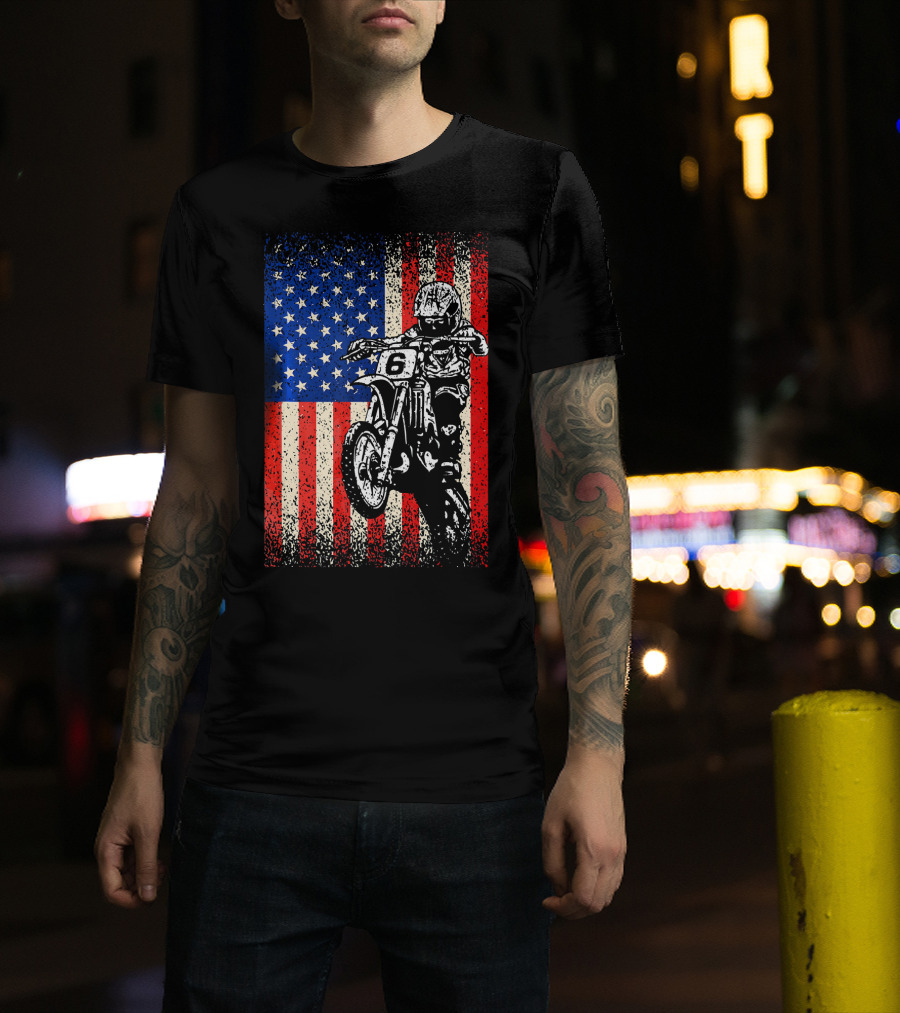 Dirt Bike American Flag Motocross Biker Number 6 T-Shirt