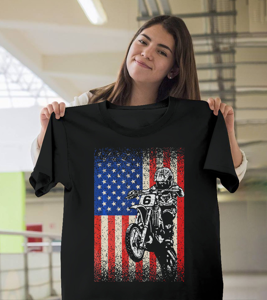 Dirt Bike American Flag Motocross Biker Number 6 T-Shirt