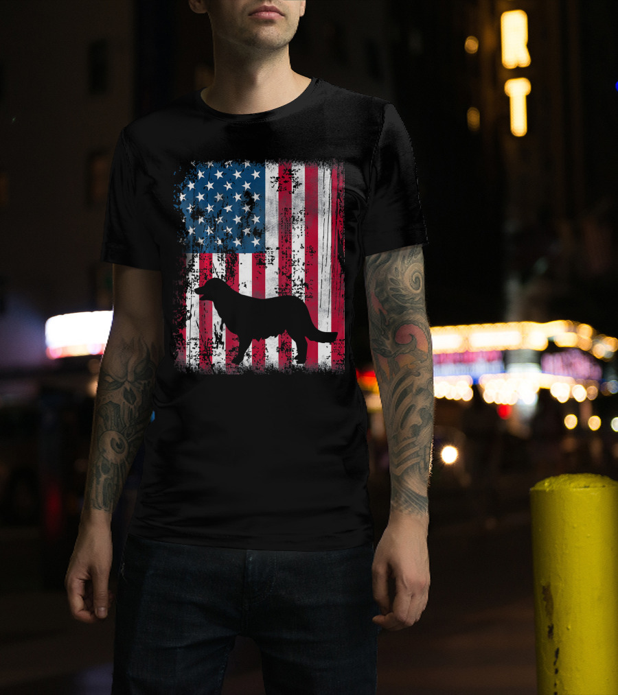 Golden Retriever Silhouette Over American Flag USA T-Shirt