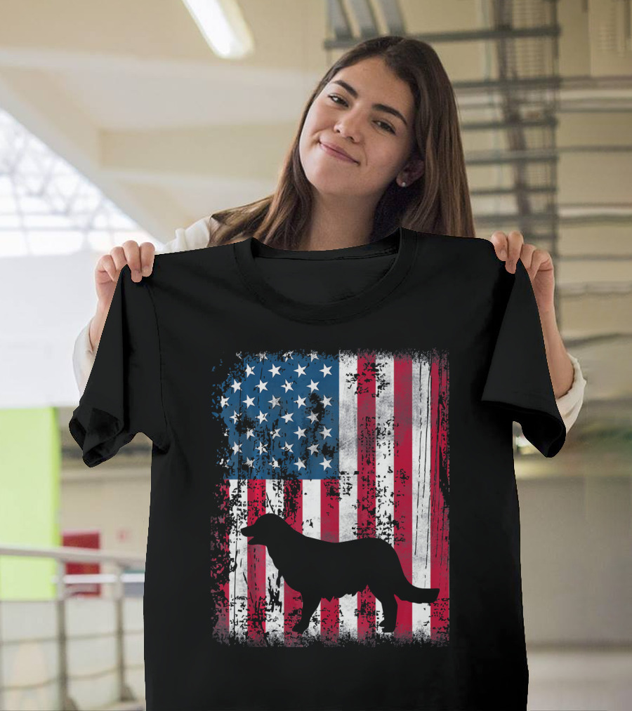Golden Retriever Silhouette Over American Flag USA T-Shirt