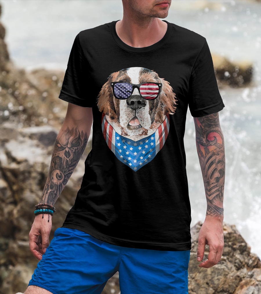 Fourth Of July American Flag Dog Sunglasses Bandana T-Shirt