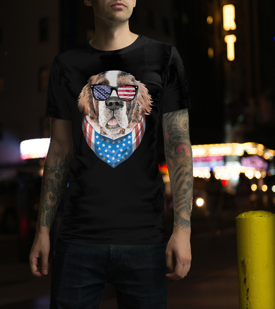 Fourth Of July American Flag Dog Sunglasses Bandana T-Shirt