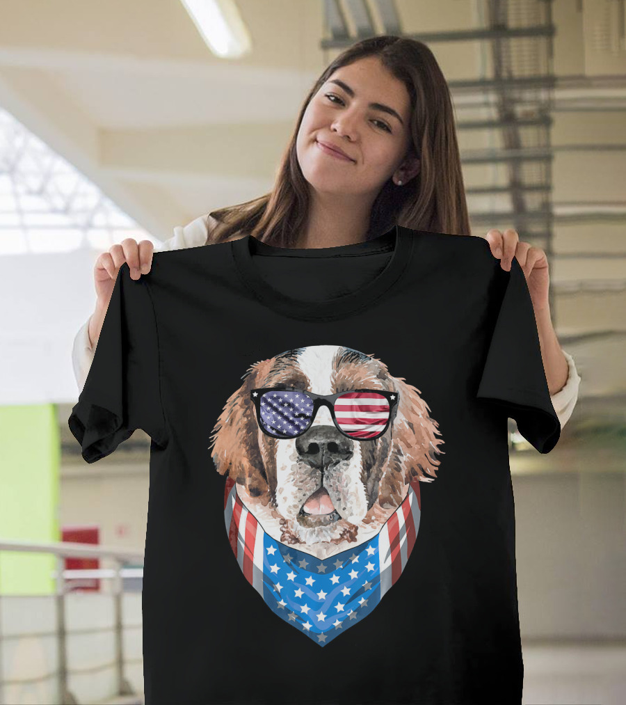 Fourth Of July American Flag Dog Sunglasses Bandana T-Shirt
