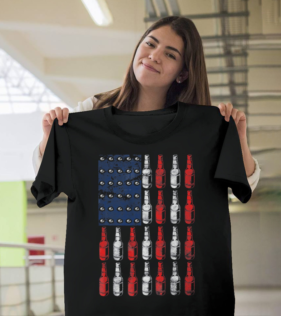 Patriotic American Flag Made Of Beer Bottles In Red White Blue T-Shirt